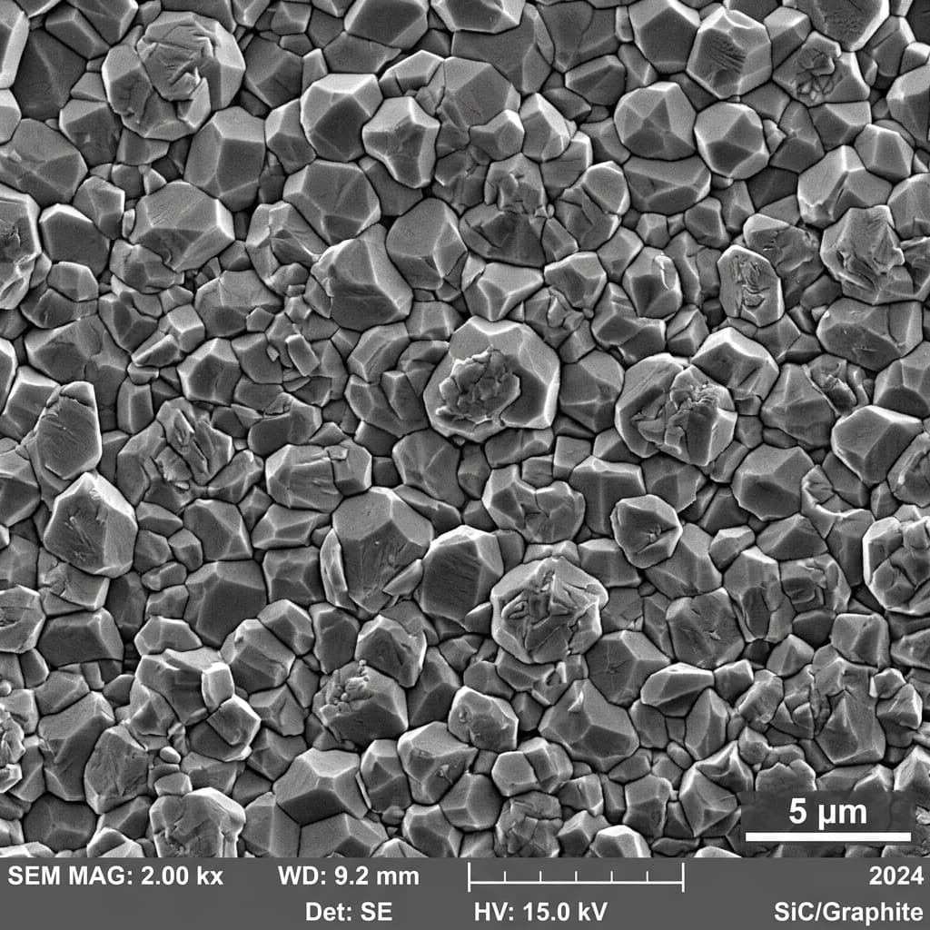 SEM surface micrograph of CVD-SiC coating showing dense polycrystalline grain structure