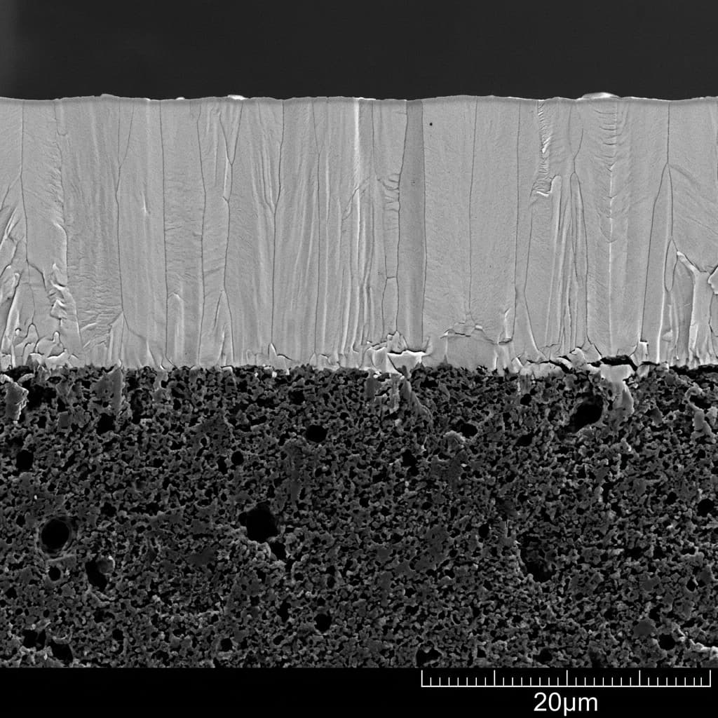 SEM cross-section micrograph showing dense columnar TaC CVD coating on graphite substrate