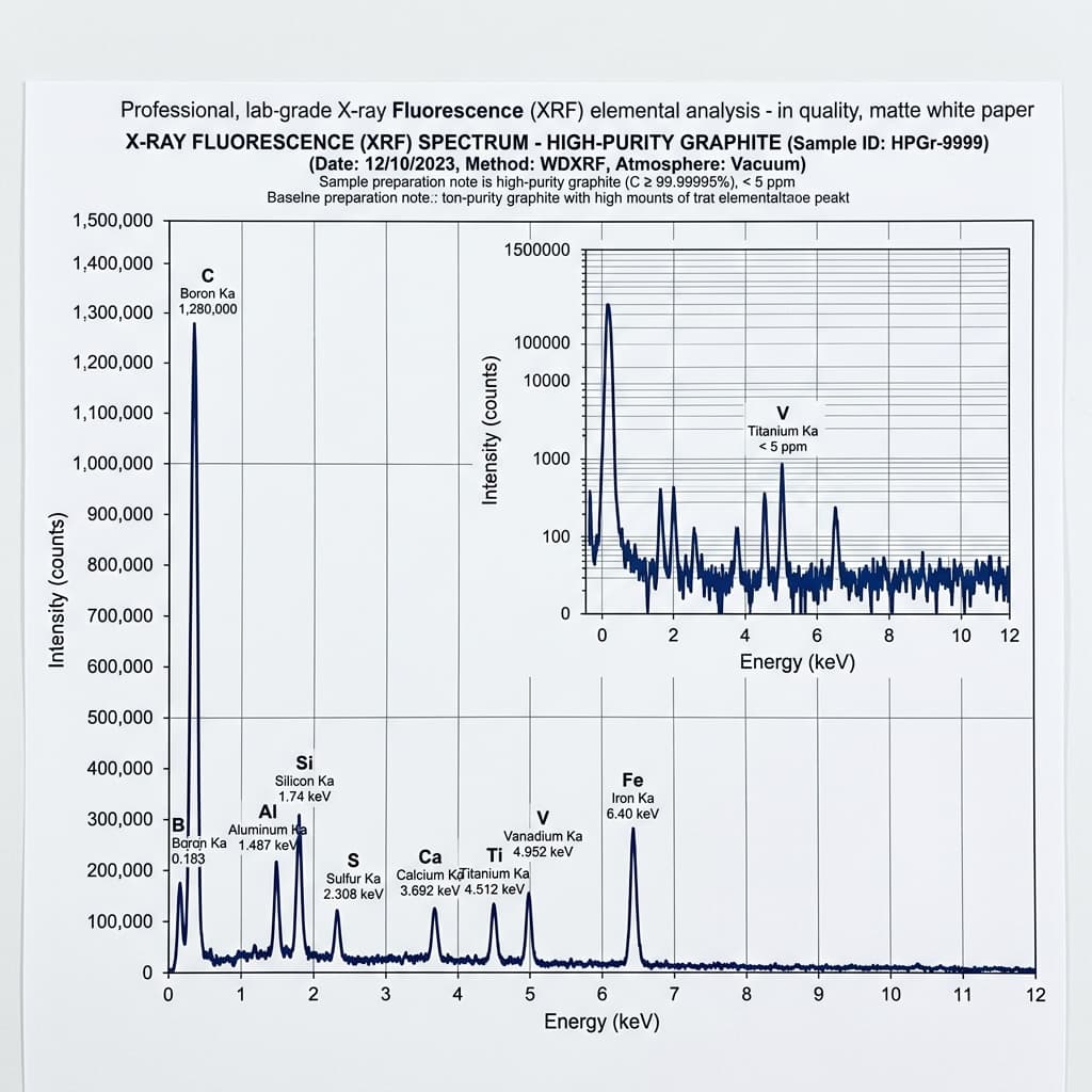 XRF elemental analysis spectrum of high-purity graphite showing trace impurities below 5ppm